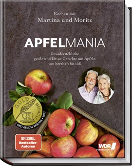 Buchcover „Apfelmania“ mit Bildern von Äpfeln und den Porträts der Köche Martina und Moritz auf dunklem Hintergrund.