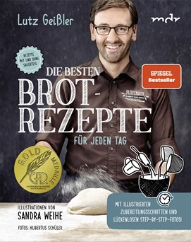 Buchcover „Die besten Brotrezepte für jeden Tag“ von Lutz Geißler mit Foto des Autors.