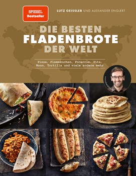Buchcover „Die besten Fladenbrote der Welt“ mit Fotos von Pita, Naan, Pizza, Dürüm und Autor Lutz Geißler.