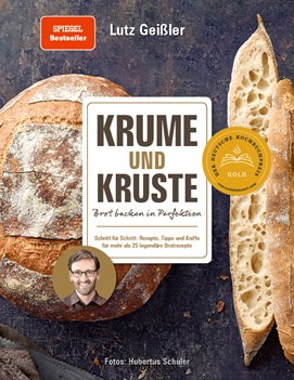 Buchcover mit Titel „Krume und Kruste“, verschiedene Brotsorten abgebildet, dunkler Hintergrund.