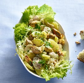 Buchcover „Ein Tag ohne Kartoffelsalat“ von Martina und Moritz mit Kartoffeln in Jutebeutel und Silbermedaille.