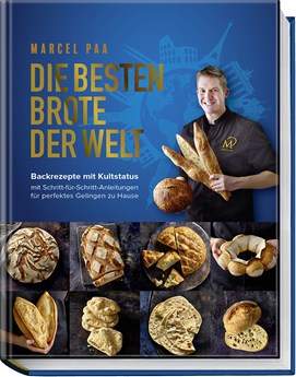 Buchcover „Die besten Brote der Welt“ mit Porträt von Marcel Paa und Fotos verschiedener Brote.