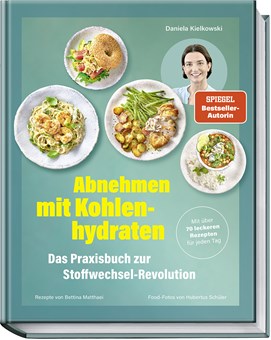 Buchcover mit vier Speisefotos und dem Titel „Abnehmen mit Kohlenhydraten“ auf türkisfarbenem Hintergrund.