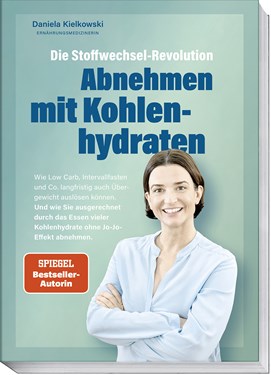 Buchcover „Abnehmen mit Kohlenhydraten“ von Daniela Kielkowski mit Autorin auf türkisfarbenem Hintergrund.