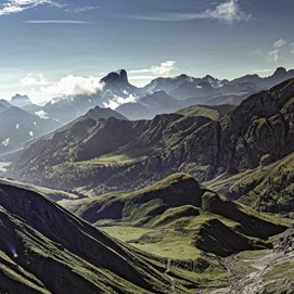 Buchcover „Deftig vegetarisch – Alpenküche“ mit Spinatknödeln auf grauem Teller und Löffel.